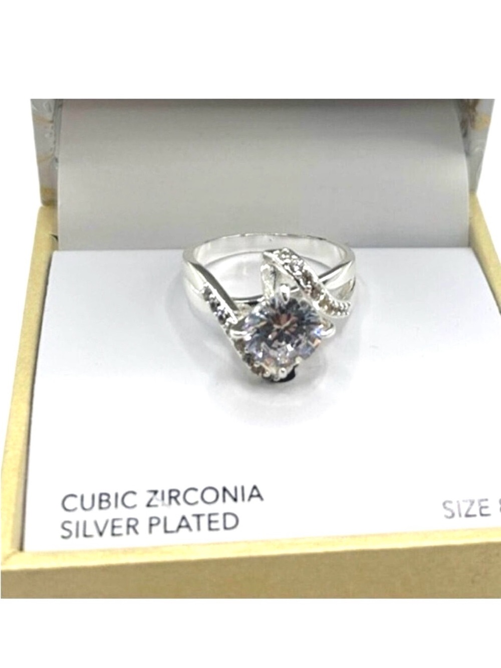Charter Club Silver Plated CZ Bypass Statement Ring Round Solitaire NIB $35